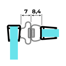 Technische Zeichnung zweier Magnetschließleisten für 6-8mm Glasstärke auf Glas im 90°-Winkel