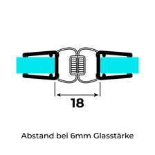 Technische Zeichnung zweier Magnetschließleisten für 6-8mm Glasstärke auf 6mm-Glas im 180°-Winkel