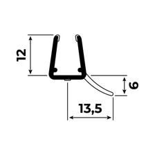 Technische Zeichnung einer waagerechten Türdichtung mit seitlichem Wasserabweiser für 6-8mm Glasstärke
