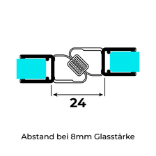 Technische Zeichnung zweier versetzter 180°-Magnetschließleisten für 6-8mm Glasstärke auf 8mm-Glas im 180°-Winkel