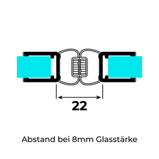 Technische Zeichnung zweier 180°-Magnetschließleisten für 6-8mm Glasstärke auf 8mm-Glas im 180°-Winkel