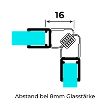 Technische Zeichnung zweier 90°-Magnetschließleisten für 6-8mm Glasstärke auf 8mm-Glas im 90°-Winkel