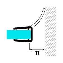 Technische Zeichnung einer Wand- und Mitteldichtung mit langer Dichtfahne auf Glas an einer Wand