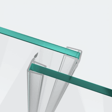 3D-Modell zweier Schiebetürdichtungen mit kurzem Abweiser für eine parallele 180°-Glas-an-Glas-Situation