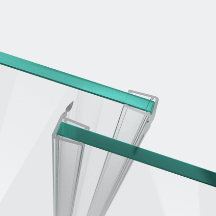 3D-Modell zweier Schiebetürdichtungen mit kurzem Abweiser für eine parallele 180°-Glas-an-Glas-Situation