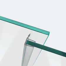 3D-Modell einer Schiebetürdichtung mit kurzem Abweiser für eine parallele 180°-Glas-an-Glas-Situation im Vordergrund
