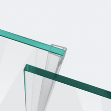 3D-Modell einer Schiebetürdichtung mit kurzem Abweiser für eine parallele 180°-Glas-an-Glas-Situation im Hintergrund