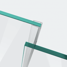 3D-Modell einer Schiebetürdichtung mit langem Abweiser für eine parallele 180°-Glas-an-Glas-Situation im Hintergrund